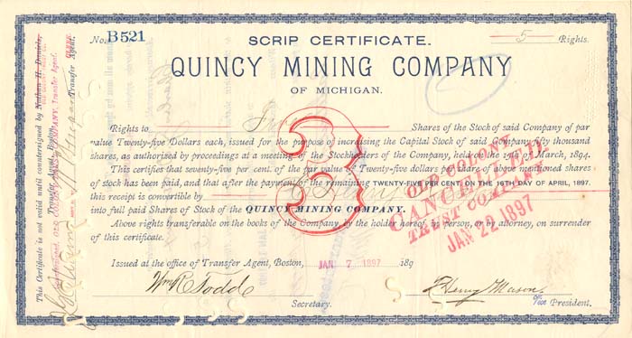 Quincy Mining Co. of Michigan - Scrip Certificate